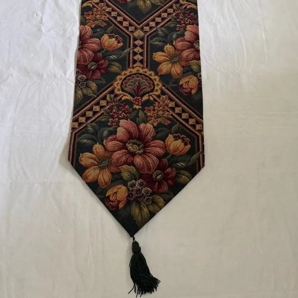 Floral Tapestry Table Runner Tassels Green Gold Burgundy 12x35